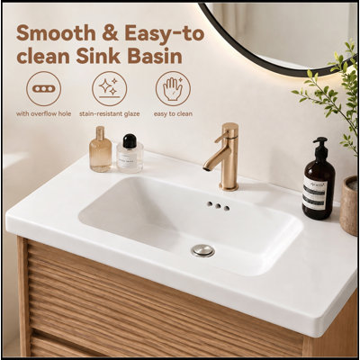 Lavabo de salle de bain mural flottant en céramique 24 po à 2 tiroirs avec un trou de robinet préinstallé
