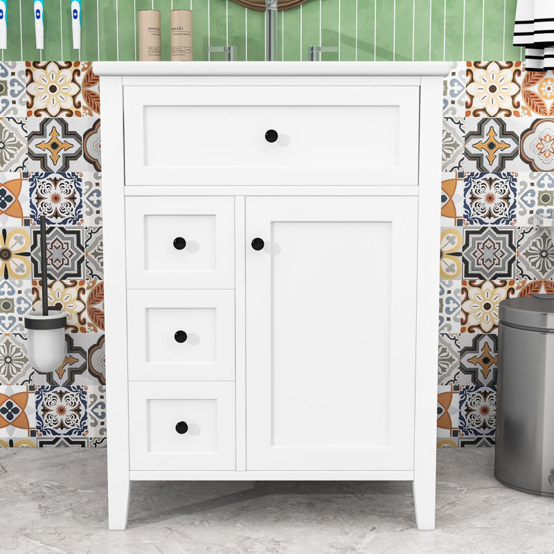 24-Inch Bathroom Vanity with Ceramic Sink, Adjustable Shelves and 4 Drawers, White
