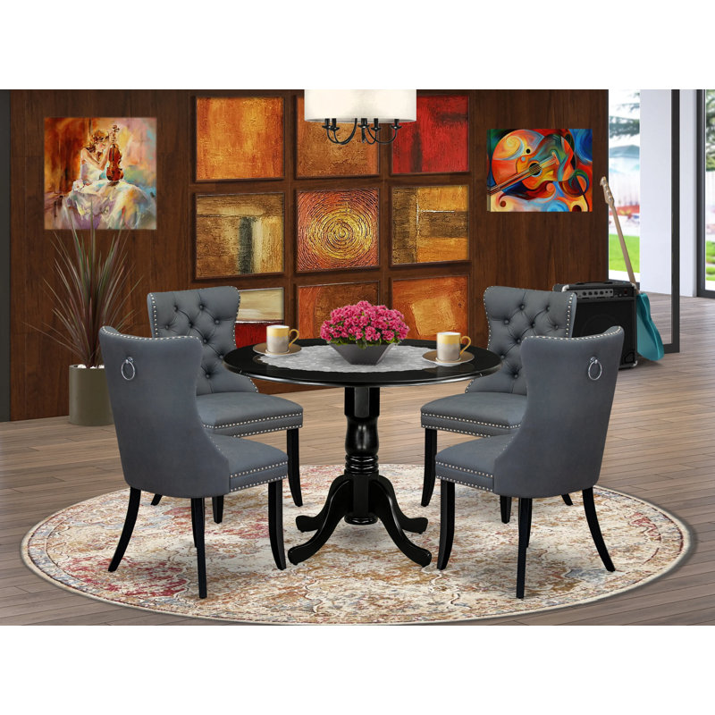 5 Piece Dining Set Includes a Round Kitchen Table with Dropleaf and 4 Polyester Fabric Upholstered Parson Chairs, 42x42 Inch, Black