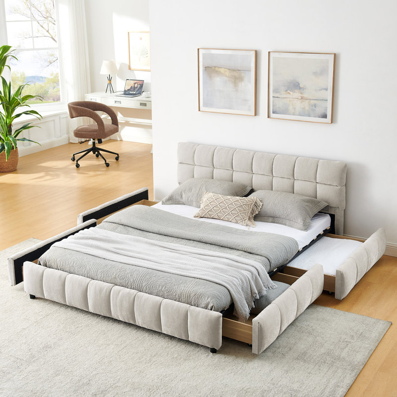 Queen Size Upholstered Bed, Upholstered Bed Frame, Chenille Fabric, With Headboard And Solid Bed Frame, Beige