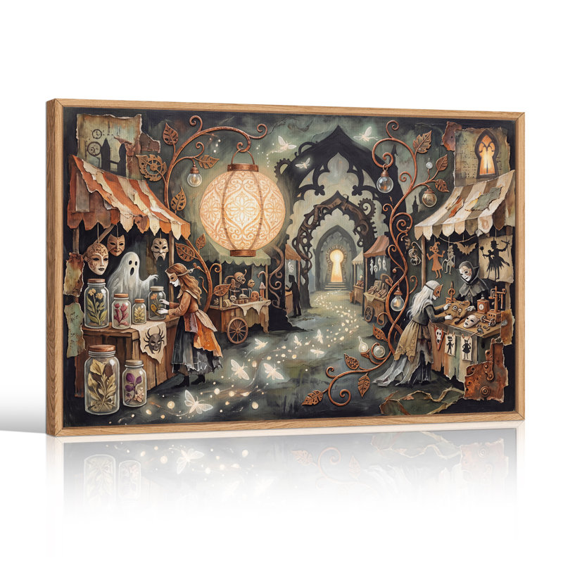 Lanterne géante et personnages masqués pour un décor mural fantastique sur toile pour l'Halloween, 32"H x 48"W