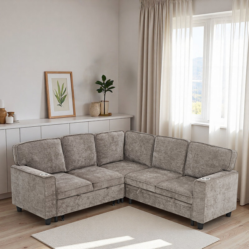 Canapé modulaire en L avec siège de rangement, porte-clés USB et porte-gobelets, Chenille brun clair