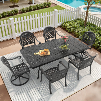 6-Person Cast Aluminum Patio Dining Set – Includes 2 Swivel Chairs & Cushions, Rectangular Table