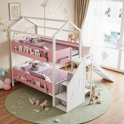 UnaNoxa House-Shaped Wooden Bunk Bed With Slide & Storage, Twin Over Twin/Full, Kids Bedroom Furniture