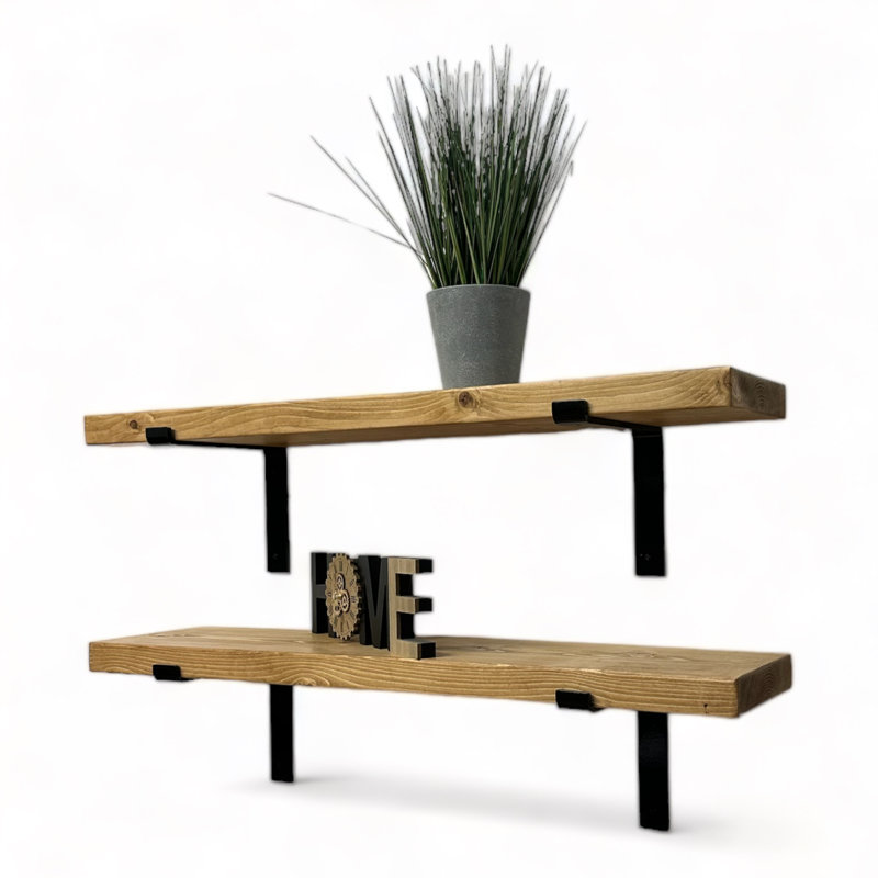 Lemieux Handcrafted Rustic Wooden Wall-Mounted Floating Shelves with Black L Brackets, 4cm H x 100cm W x 22cm D, Antique Pine