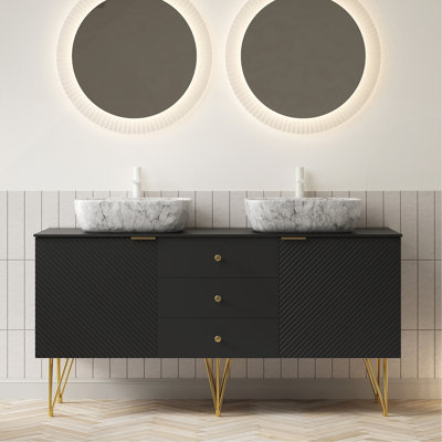 Meuble-lavabo de 60 po avec éviers, armoire de rangement autoportante en contreplaqué avec pieds dorés, 3 tiroirs et 2 portes, 2 vasques en céramique à motif de marbre blanc et plateau en pierre frittée