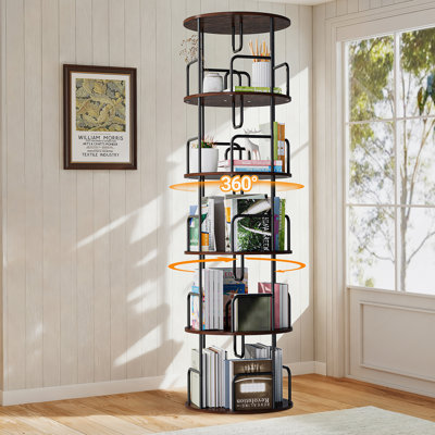 Tour de bibliothèque rotative à 360 ° à 5 niveaux avec plateau tournant lisse, rangement vertical compact pour les livres et la décoration.