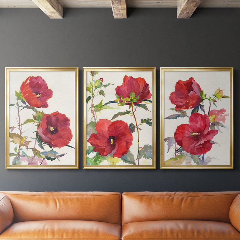 Hibiscus Glow I - Toile tendue avec châssis sur mesure - 3 pièces, H 15 po x l 19 po, Doré