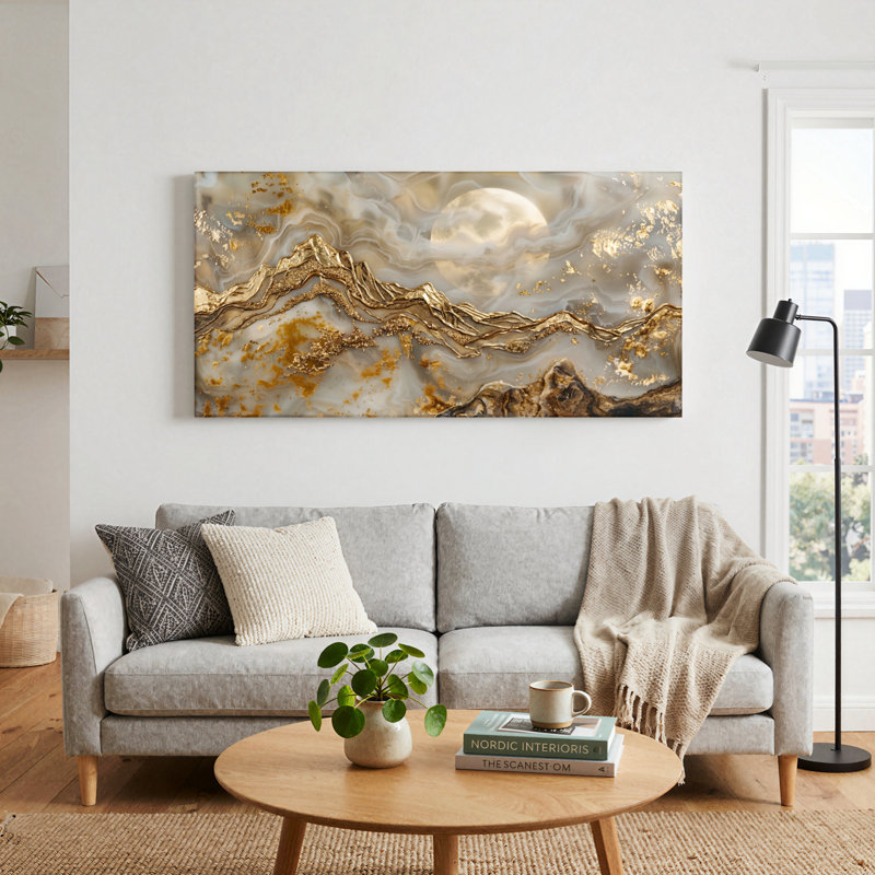 Ensemble de 1 tableau mural en toile dorée effet marbre, L 58 po x H 28 po, Toile tendue