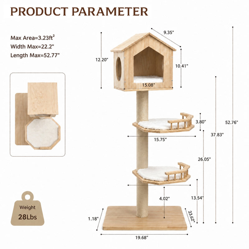 Arbre à chat en bois massif avec niche supérieure en forme de maison, tour à chat multi-niveaux peu encombrante avec balcons décalés, mobilier moderne pour chats d'intérieur, poteaux à griffer en sisal et coussins lavables, 135 cm