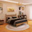 Wood Frame Queen Size Platform Bed With Gourd Shaped Headboard-1025826354