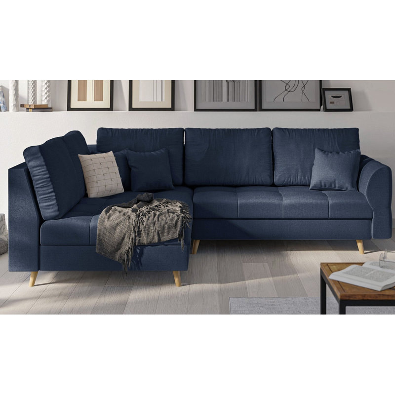 Corner Sofa with Wooden Legs In Scandinavian Style Knutsford, Dark blue, Left Hand Facing