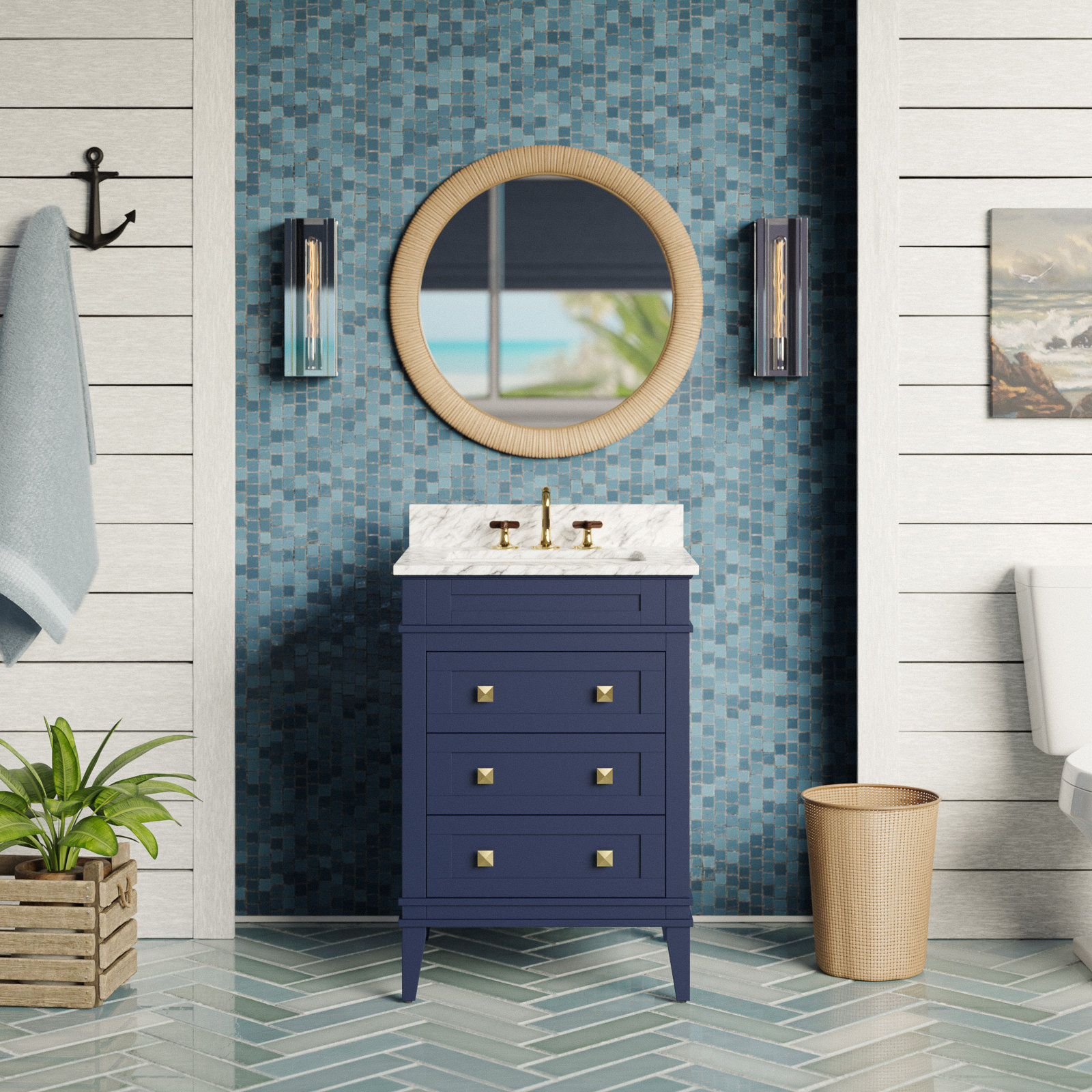 24'' Single Bathroom Vanity, Carrara Marble, Royal Blue