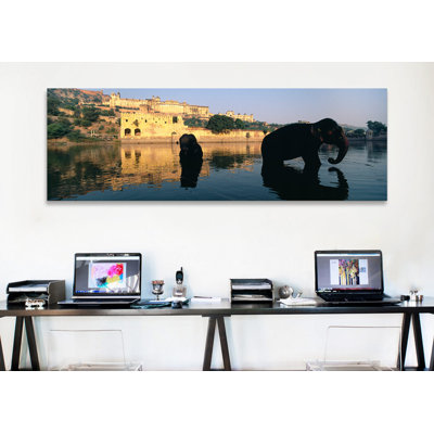 Silhouette de deux éléphants dans une rivière, Fort Amber, Jaipur, Rajasthan, Inde - Reproduction de photo panoramique non encadrée