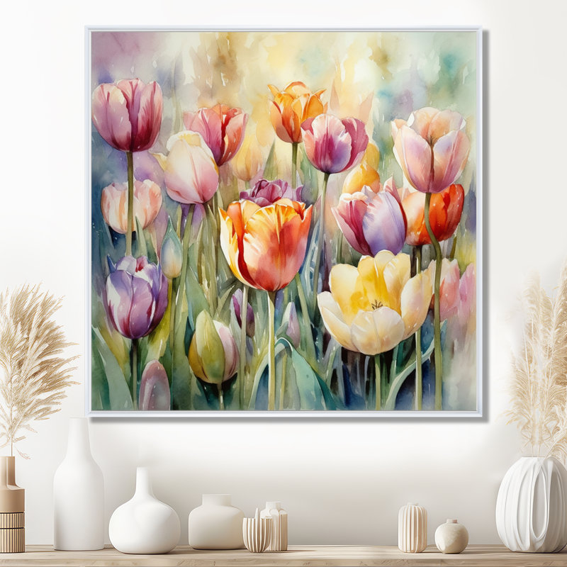 Jardin des tulipes - art mural tulipe, H 16 po x l 16 po x P 1 po, Cadre flottant blanc