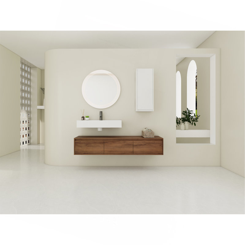 Meuble-lavabo mural avec lavabo en résine et armoire latérale, 3 tiroirs à fermeture en douceur, fixation à flotteur
