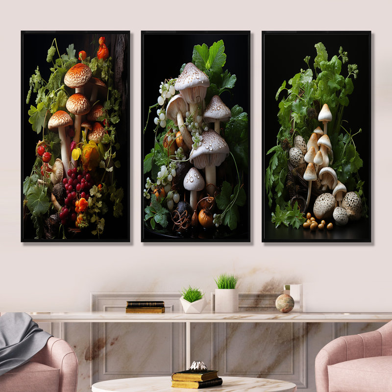 Panier de champignon, peinture I - champignon, art mural, ensemble de 3, Cadre flottant noir, H 28 po x l 36 po