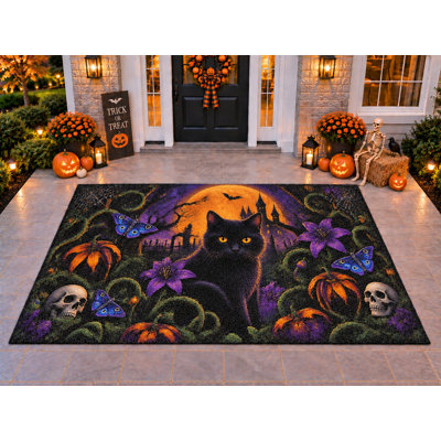 5' x 7' Outdoor Area Rug Halloween Floral Black Cat Heavyweight Solid Waterproof PVC Coil Loop Carpet, Heavy Duty Patio Rug, Quick Dry Indoor Outdoor Mat for Porch Deck Balcony Entryway