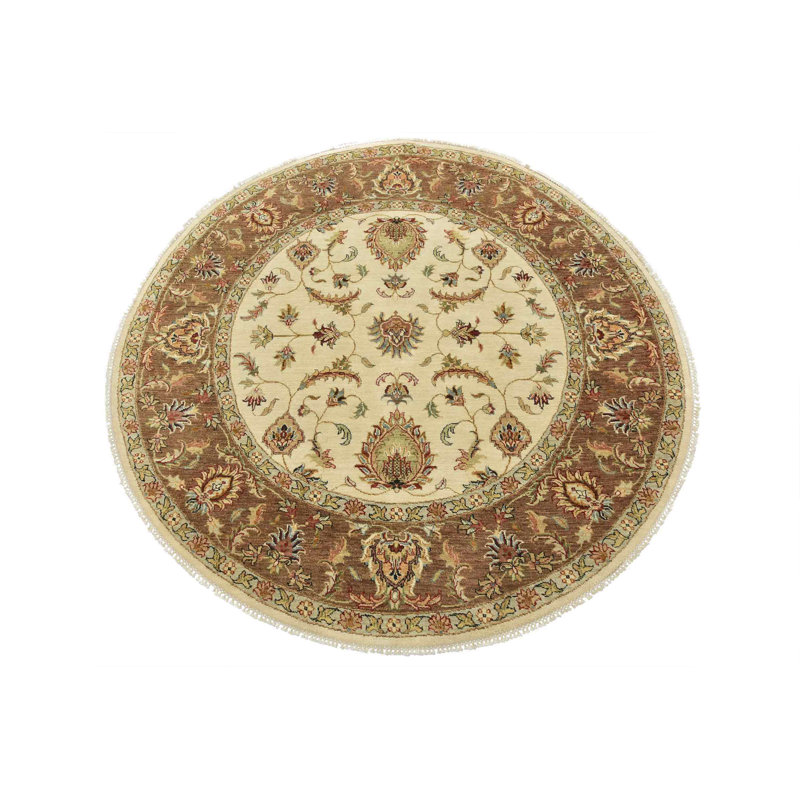 Tapis oriental rond rond en laine noué à la main beige 5 pi 11 po x 6 pi