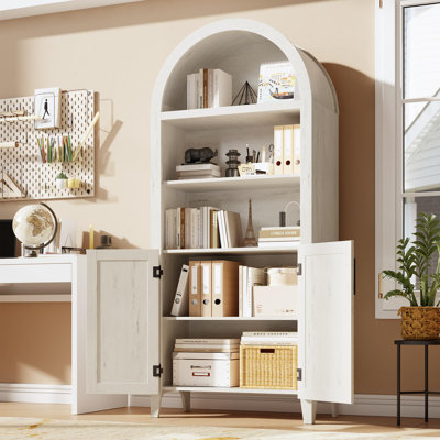 63" Arched Bookcase with Doors, 5-Tier Open Display Shelf & Storage Cabinet for Home Office