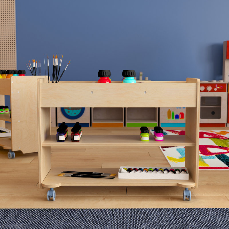 Chariot mobile commercial en bois Bright Beginnings avec 2 tablettes et 3 casiers supérieurs