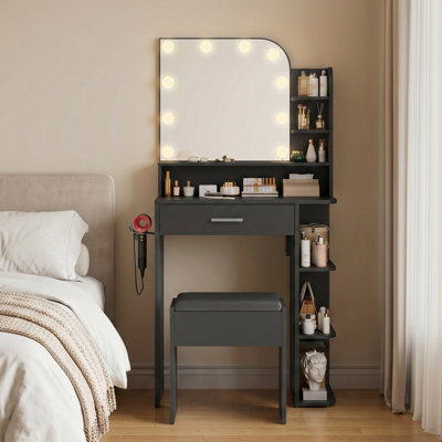 Jaseria Makeup Vanity Set with LED Lighted Mirror & Power Outlet for Bedroom