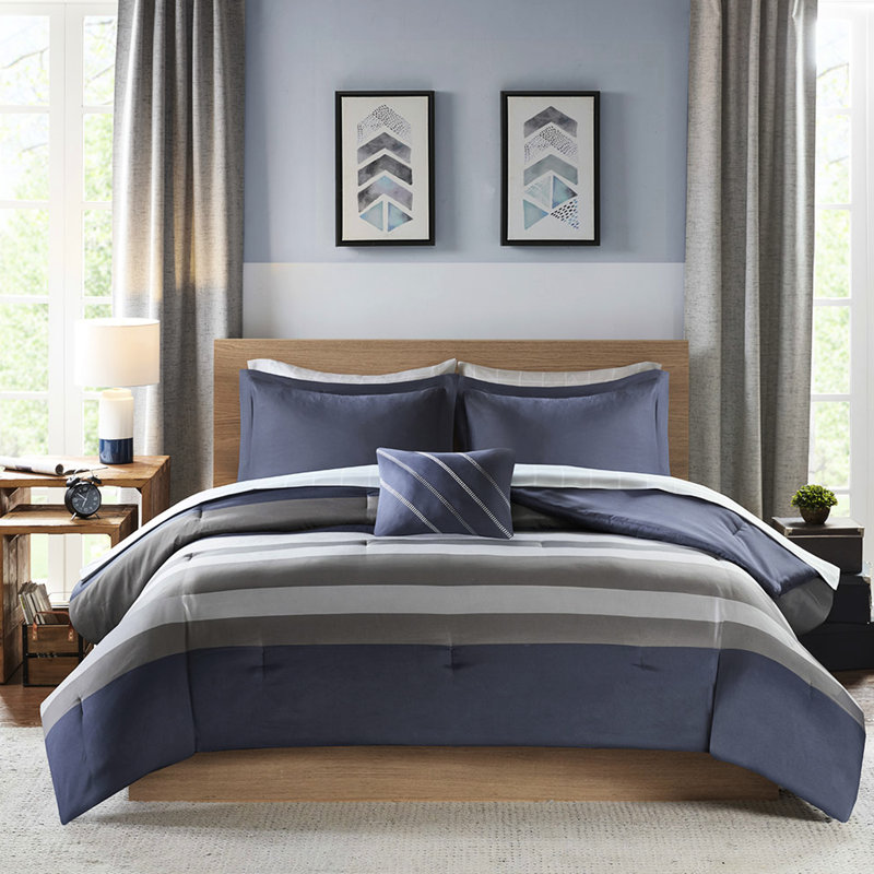 Twin Bedding With Striped Comforter And Sheets - Blue & Grey Pillow