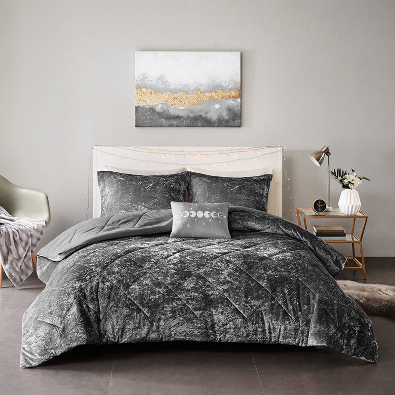Édredon simple / simple TG en velours gris avec coussin décoratif - rembourrage en losange lavable à la machine pour une literie décorative et une taie décorative facile à nettoyer