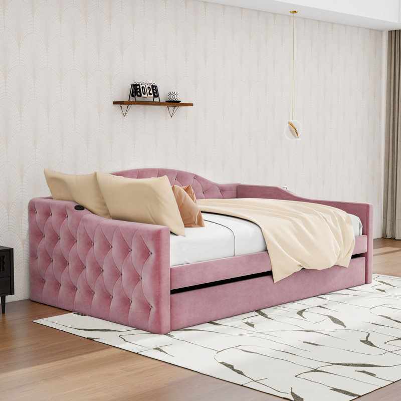 Upholstered Daybed with Trundle and USB, Pink