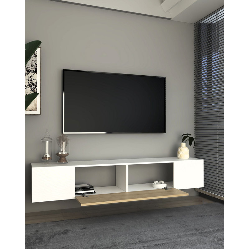 Meuble télé, Blanc/naturel, H 33,2 po x l 150 po x P 29,6 po