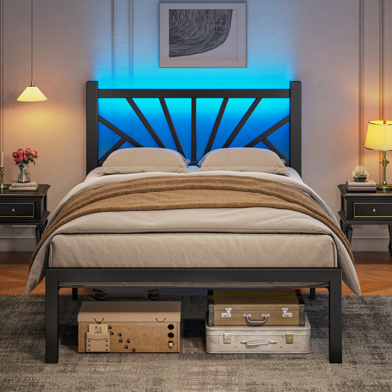 Base de lit en métal avec lumières DEL, cadre de lit avec tête de lit, cadre de lit plateforme robuste et robuste avec espace de rangement, support de lattes en métal robuste, silencieux, pas de sommier tapissier nécessaire