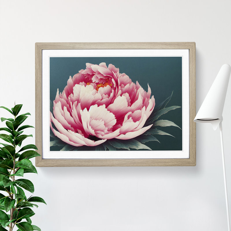 King Peony Flower - Single Picture Frame Painting, 25cm H x 34cm W x 2cm D, Oak