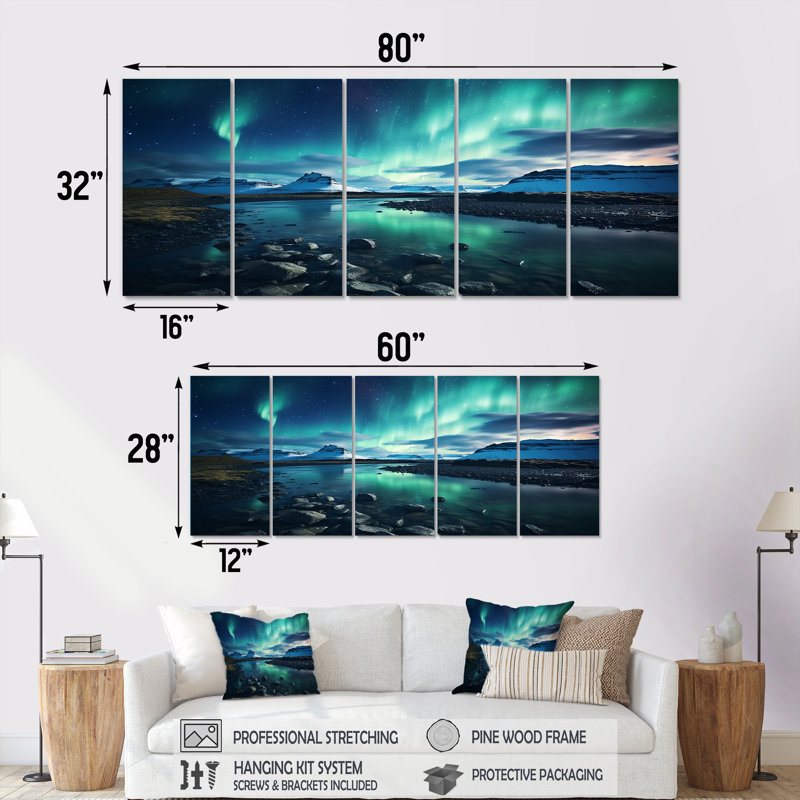 «Islandais Borealis Winter S Aurora I - Aurora Borealis», ensemble de 5 pièces d'art mural, H 32 po x l 80 po