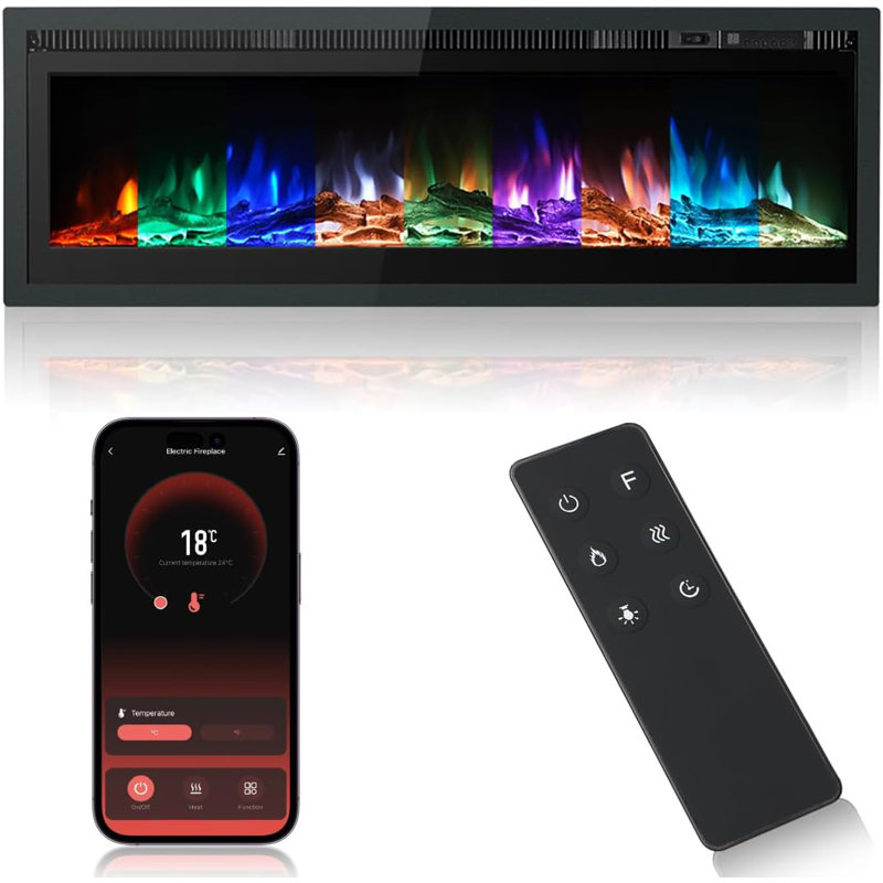 Electric Fireplace Insert Wall Mounted Freestanding Heater Metal Panel With Crystal & Log, 34cm H x 101cm W x 14cm D
