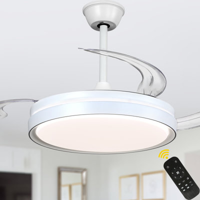 Aadvik 42" White Modern Ceiling Fan with Light and Remote, 6-speed Reversible DC Motor, Bladeless Retractable Fandelier for Bedrooms
