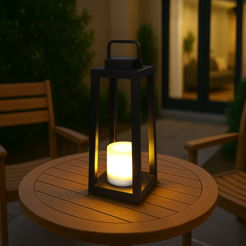 1 Light Modern Matte Black Solar Lantern With Candle Shape Outdoor Light Decorative Portable Hanging Led Lights For Patio Camping