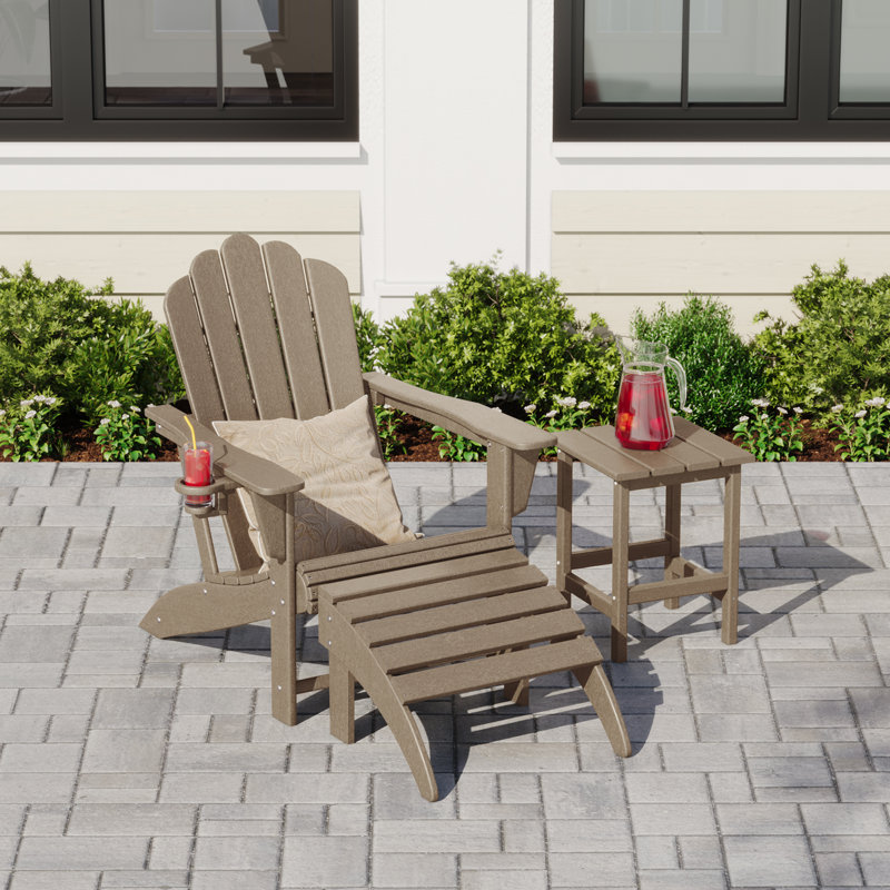 Outdoor Poly Adirondack Chair With Side Table And Ottoman, Tan