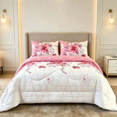 2 Pieces Pink Floral Reversible Comforter Set, Pink And White Bedding With Large Flower Print, Soft Microfiber Bed Set With 1 Comforter And 1 Pillowcases, All Season Cozy Bedding For Twin Size Bed
