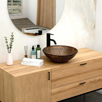 Lavabo vasque en verre trempé Amber avec bonde escamotable, motif de plumes centrales, facile à assembler dans la salle de bain, 16,5 po x