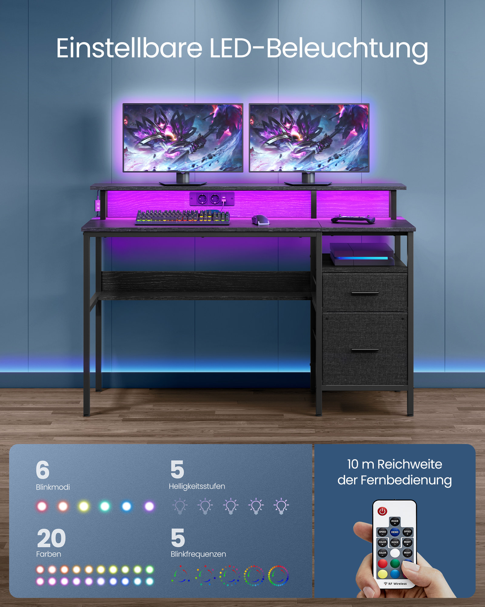 Metro Lane Desk with drawers, computer desk with monitor stand, LED ...