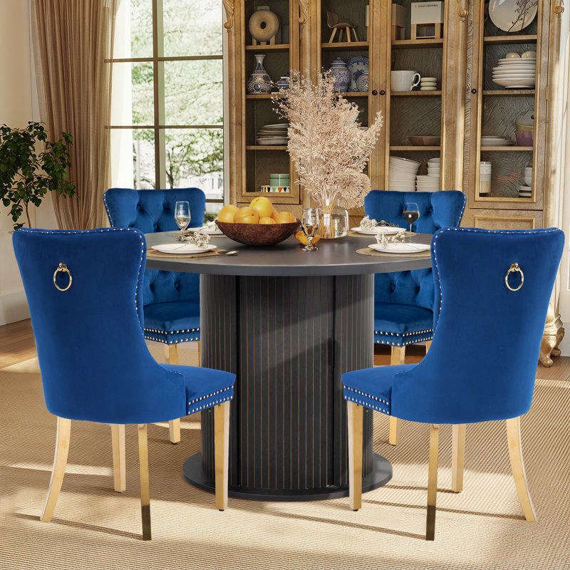 Ensemble de salle à manger 5 pièces pour 4 personnes Modern Glam, Noir, Bleu marine/doré