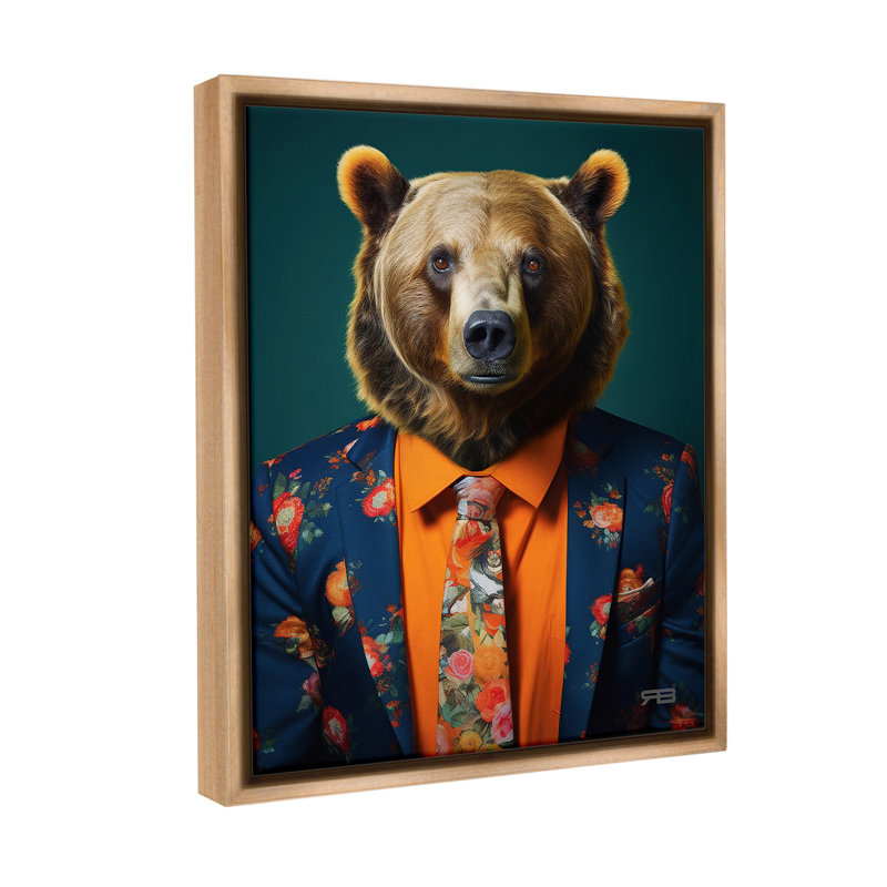 «Bear In Floral suit Floater Frame» par RB sur toile, H 21 po x l 17 po, Cadre flottant orme Montalcino