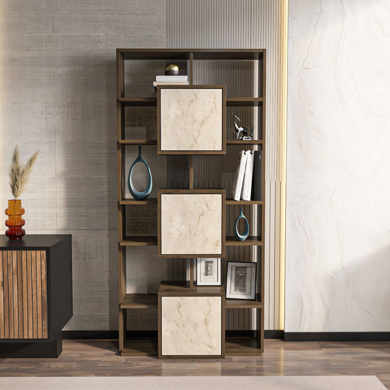 Bibliothèque moderne avec finition noyer et travertin, 33,5 po x 69,3 po x 7,9 po | 100% panneau de particules enduit de mélamine, épaisseur: 0,7 pouce | Conception élégante en marbre, parfaite pour le bureau à domicile et l'organisation du salon