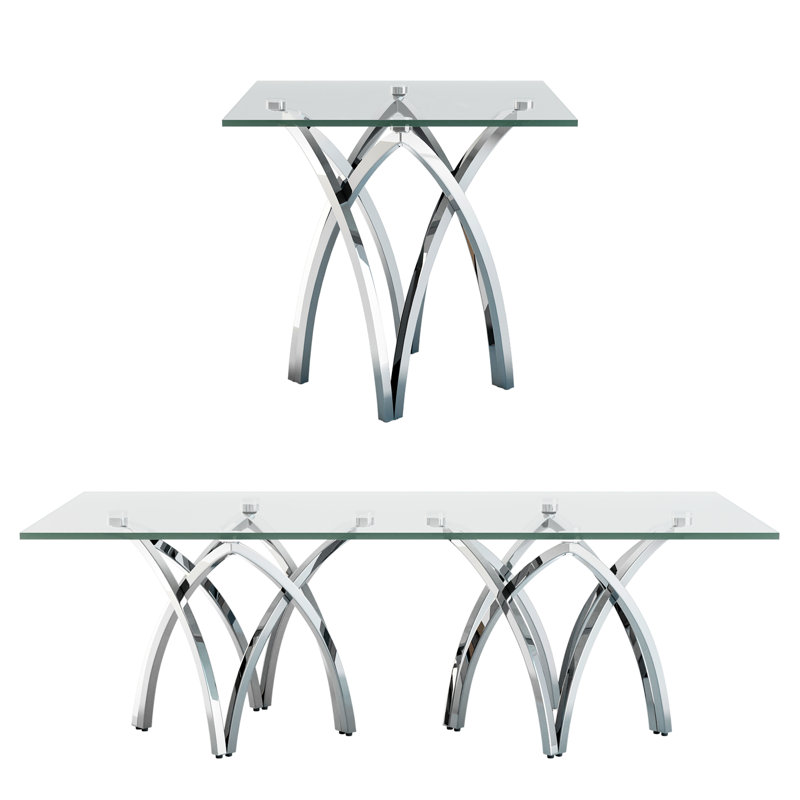 Ensemble de table de salon 2 pièces en verre trempé transparent et argent