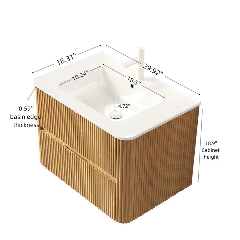 Meuble-lavabo de 30 po avec lavabo, lavabo en céramique blanche, armoire de contreplaqué flottante murale, 2 tiroirs, naturel, installation et utilisation faciles, surface de rangement de style moderne, amortissement en douceur,