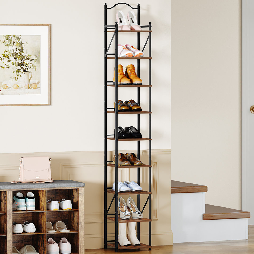 Vertical Shoe Rack, 9 Tier Narrow Shoe Rack for Small Space, Adjustable Angle, Freestanding Shoes Shelf,Wooden Shoes Organizer Behind Doors for Hallwa