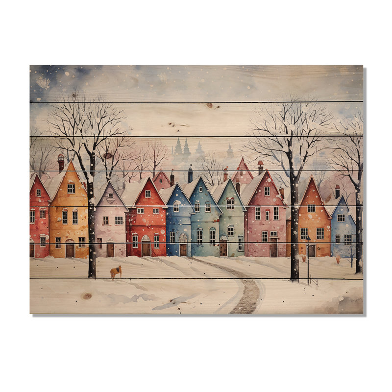 Multicolor Frosty City In Winter II - Paysage d'hiver sur bois, H 34 po x l 44 po x P 0,78 po
