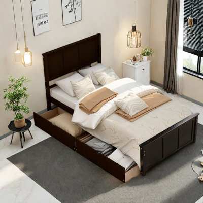 Lit plateforme simple peu encombrant, bois de pin et bois aggloméré, espresso moderne pour la maison