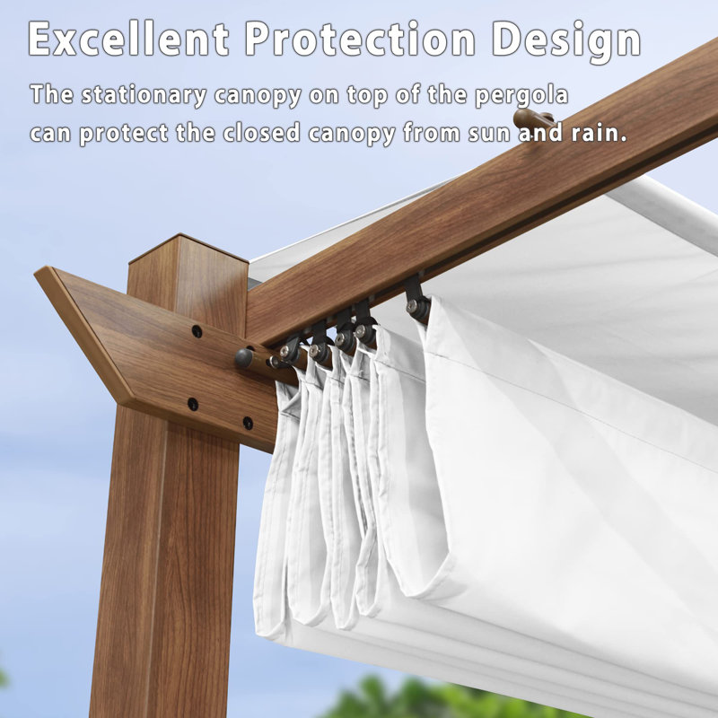 PURPLE LEAF 10' x 13' Outdoor Retractable Pergola with Sun Shade Canopy Patio Metal Shelter for Garden Porch Pavilion Natural Wood Grain Frame Aluminum Gazebo Modern Backyard Grill Pergola White