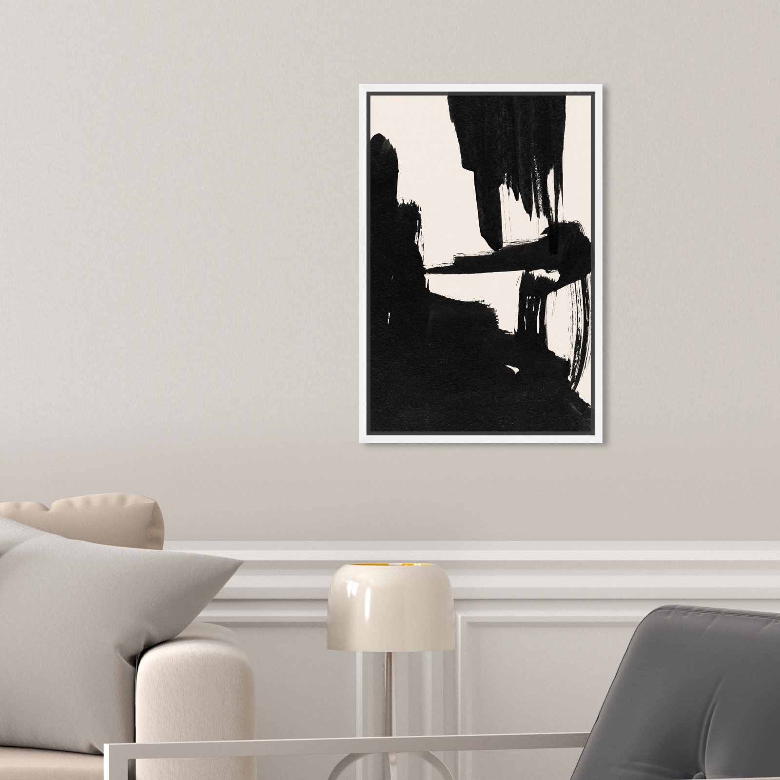Abstract Black and White Brush Stroke Print, 16" H x 11" W, White